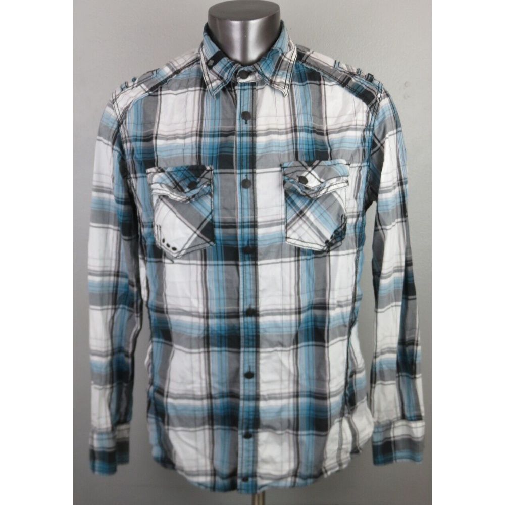 Mens‎ Buckle BKE Blue White Plaid Size L Athletic Long Sleeve Metal Button Front